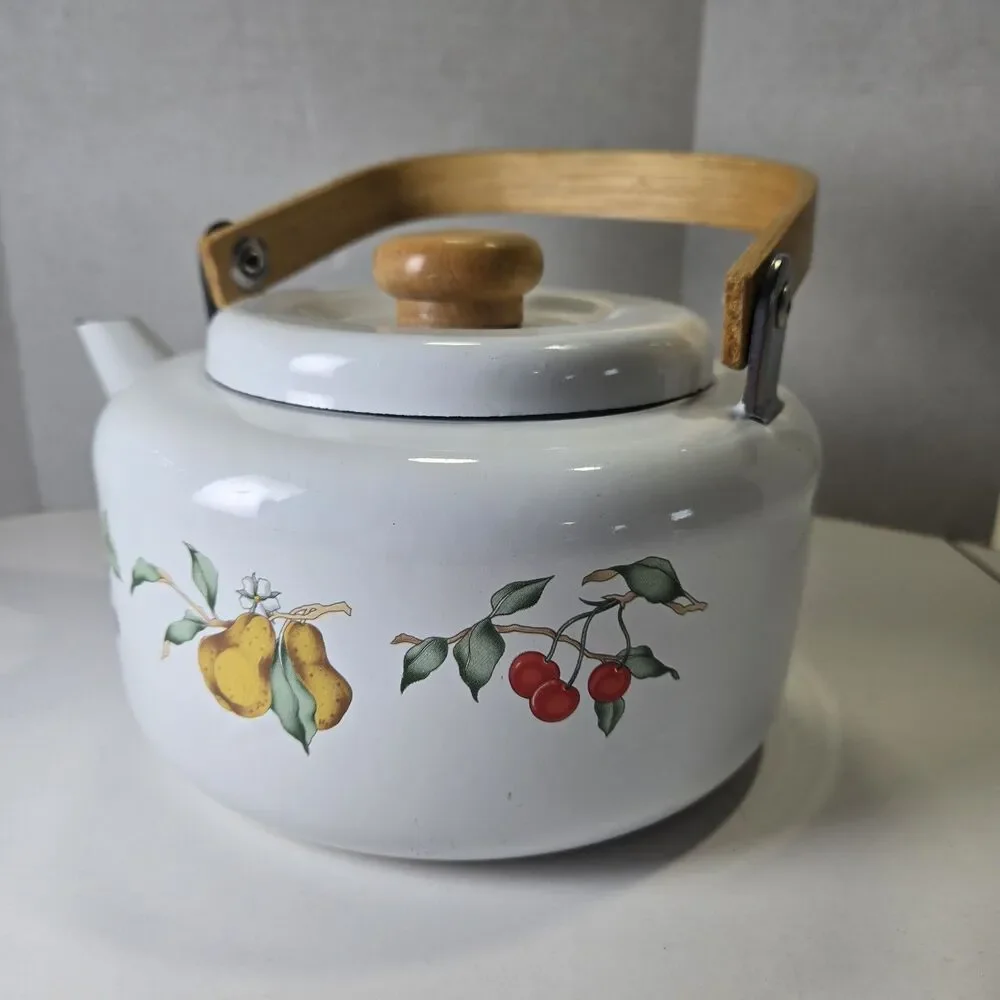 Vtg Tabletops Unlimited DULCIE Enamel Tea Kettle Fruit Pattern Wood Handle 2.3qt